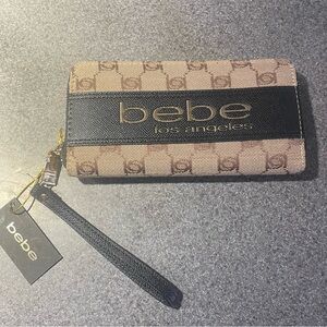Bebe Beige and Black Logo Wallet Wristlet